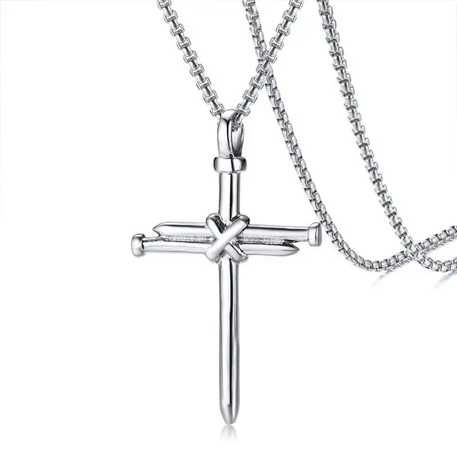 Men's Stainless Steel Nail Cross Pendant Necklace with 24 Inch Chain Polished Black Gold Silver