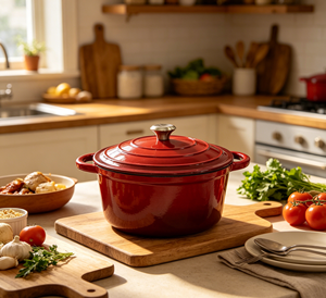 <span class=keywords><strong>Cocotte</strong></span> <span class=keywords><strong>en</strong></span> <span class=keywords><strong>fonte</strong></span> émaillée rouge foncé, four hollandais rond multi-usages pour braiser et rôtir - Product Image 3