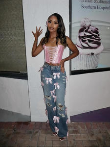 Jeans Lunghi da Donna King Mcgreen Star YK2 Street Tough Girl con Fiocco e Strappi Effetto Lavato - Product Image 4