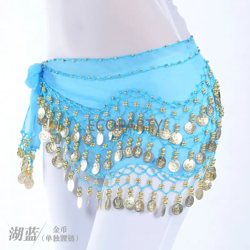 128 Gold Coins Belly Dance Hip Scarf Belly Dance Skirt Belly Hip Scarf Waist Chain Coin Sash Chiffon Dangling Bling