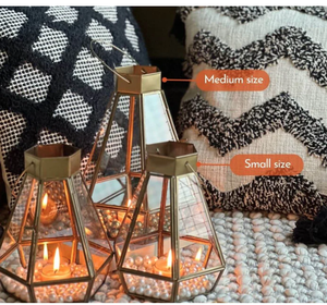 Linterna de gota rústica Juego de acabado de latón antiguo Linternas de portavelas de metal de 9,4 pulgadas y 7,4 pulgadas Linternas decorativas de aspecto antiguo - Product Image 6