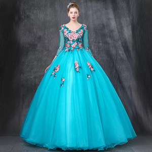 Purple V-neck Tulle Prom Dress With Lace Applique Empire Waist Long Sleeve Ball Gown For Women Plus Size Evening Wear - Product Image 3