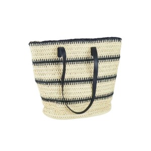 Bolso de mano de paja de ganchillo con rayas de colores arcoíris personalizadas y asa de cuero, ideal para compras de verano en la playa, venta al por mayor. - Product Image 1