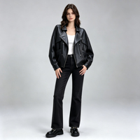 Veste en cuir de moto pour femme, imperméable, à fermeture éclair sur le devant, en peau de mouton texturée, surdimensionnée, col double, grande poche, style biker