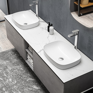 Mueble de Baño Moderno con Espejo LED Flotante de Pared, Lavabo Doble de Cerámica, Múltiples Cajones y Encimera de MFC - Product Image 1
