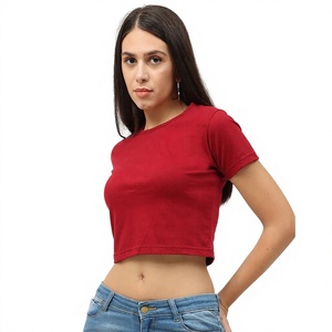 Women's <b>Red</b> <b>Cropped</b> T-Shirt Crew Neck Short Sleeve Solid Color Casual <b>Top</b> Spring Summer Style Slim Fit Knitted Cotton - Product Image 1