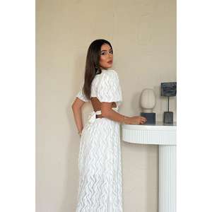 Robe blanche à manches ballon, ceinturée, col rond, coupe trapèze, tissée, respirante, décontractée pour le quotidien, taille naturelle, à nouer - Product Image 2