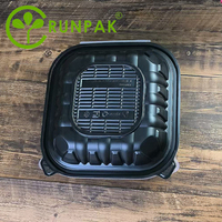 Boîte alimentaire jetable 10x10 pouces à 1 compartiment, écologique, noire, transparente, en PP recyclé, compatible micro-ondes, qualité alimentaire, pour nouilles, sushis, sandwichs