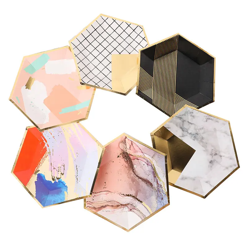 Assiette en papier d'estampage coloré hexagone motif marbre Fournitures de fête d'anniversaire Plateau en papier Assiette en papier diamant jetable