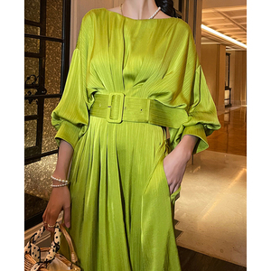 Diseño personalizado <span class=keywords><strong>verde</strong></span> elegante <span class=keywords><strong>linterna</strong></span> manga encaje plisado Midi vestidos para las mujeres - Product Image 4