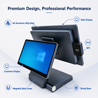 Terminal de point de vente (TPV) en aluminium à double écran de 15,6 pouces, refroidissement sans ventilateur, compatible Windows/Android/Linux, avec options NFC/WiFi/Bluetooth/haut-parleur