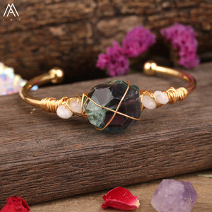 Pulsera de cuentas de Nugget de piedra de cristal Natural, brazalete abierto de cobre dorado envuelto con alambre - Product Image 5