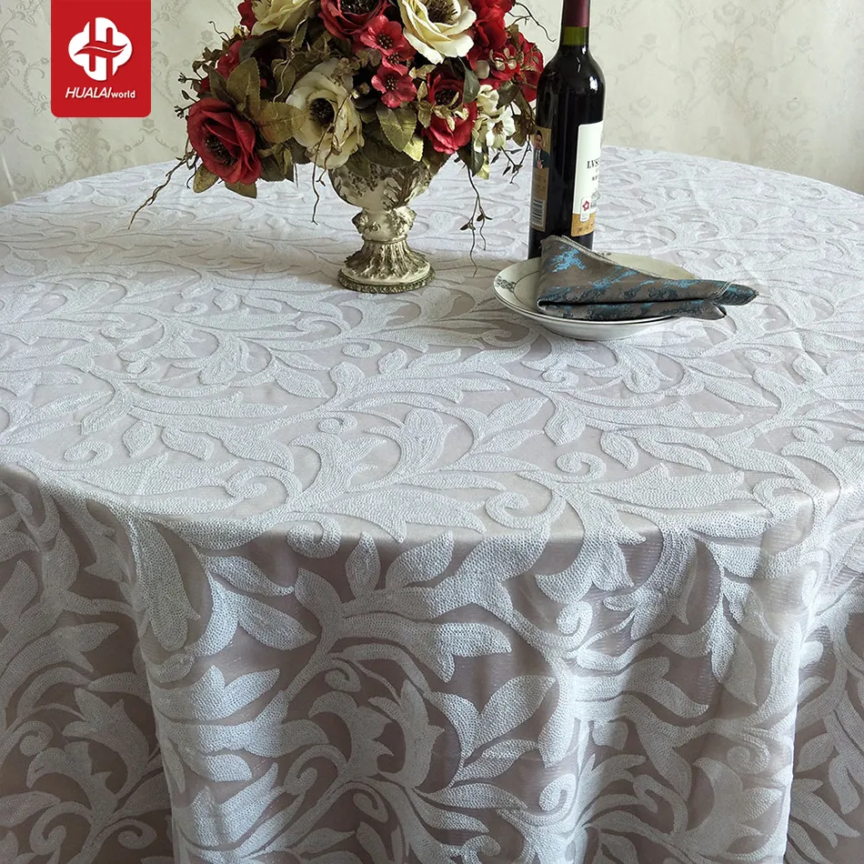 Toalha de mesa bordada de 108 polegadas, aplique redondo, tecido de lantejoulas e floral para recepções de casamento