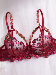 Red Floral Embroidery Lace Lingerie <b>Set</b> Sheer Mesh Underwire Bra and Thong Panties <b>Set</b> 2 Piece <b>Sexy</b> Intimates <b>Set</b> OEM ODM - Product Image 6