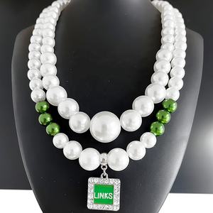 Sorority Jewelry Greek Group Womanhood LINKS 1946 Green with White Colors <strong>Pearl</strong> Large Flower <strong>Pendant</strong> Society Links Inc <strong>Necklace</strong> - Product Image 3