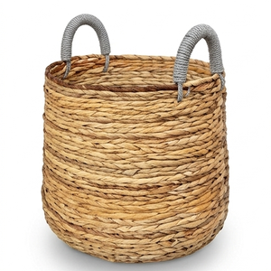 Natural Water Hyacinth <b>Storage</b> <b>Basket</b> Handcrafted Woven Towel Holder <b>Bathroom</b> Organizer Bin With Contrast Gray Handles - Product Image 3