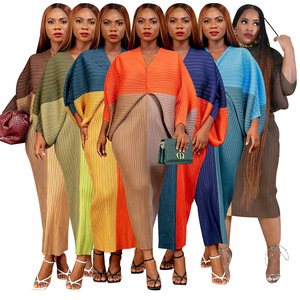 10263 Vêtements pour femmes européennes et américaines, approvisionnement transfrontalier, collection automne, best-seller, robe plissée à col en V et manches chauve-souris, color-block - Product Image 1