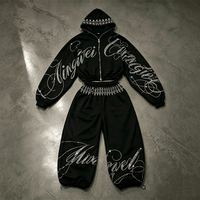 Ensemble deux pièces personnalisé pour homme, 100% coton tricoté, sweat à capuche court zippé avec lettres en strass et pantalon de jogging, tenue streetwear OEM ODM