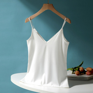 White <b>Halter</b> Top V Neck Sleeveless <b>Satin</b> Inner Layer Women's Tank Top Backless Solid Color Micro Elasticity - Product Image 3