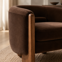 Fauteuil d'appoint moderne en velours avec dossier incurvé et accoudoirs en bois, idéal pour salon, chambre, hôtel, ou salle de séjour