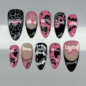 Uñas Postizas de Halloween, Color Rosa y Negro, con Diseño de Fantasma, Murciélago y Araña, Forma Almendrada, para Fiestas y Salones de Belleza - Product Image 1