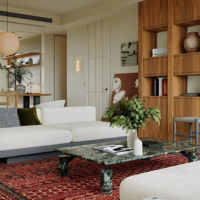 Design d'intérieur Wabi Sabi pour salon avec ameublement doux, conception résidentielle personnalisée pour maison de vacances et villa