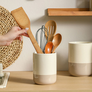 Pot de rangement en céramique bicolore, <span class=keywords><strong>porte</strong></span>-ustensiles minimaliste beige crème, support multi-usages pour brosses à dents, salle de bain, bureau, décoration intérieure - Product Image 2