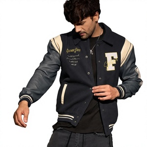 MERITORIOUS INTERNATIONAL Green Solid Varsity <b>Jacket</b> <b>Men</b> Preppy Style <b>Letter</b> F Front Logo Winter Regular Fit Stand Collar Heated - Product Image 2