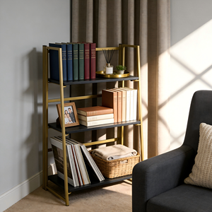 <span class=keywords><strong>Étagère</strong></span>s à 3 niveaux en placage de frêne pliables avec cadre en métal classique pour tout, du livre au verrerie, <span class=keywords><strong>étagère</strong></span>s de rangement - Product Image 2