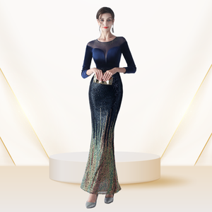 Vestido de noite feminino clássico rabo de peixe elegante para banquetes e reuniões anuais, vestido formal de veludo vermelho temperamento - Product Image 2