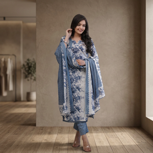 Blue Floral Modest Abaya <b>Dress</b> Set Loose Fit Printed Islamic Women <b>Dress</b> with Shawl <b>for</b> Daily <b>Eid</b> Ramadan - Product Image 4