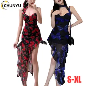 Kadın yaz seksi Slim Fit Halter kolsuz asimetrik Ruffled çiçek baskı yarık uzun Bodycon Midi elbise