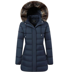Breathable Stylish Ultra Warm Winter Women's Long Woven Quilted Puffer <b>Jacket</b> Zipper Front Hood Polyester Filling Detachable - Product Image 1