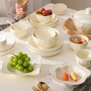 Vajilla de Cerámica Blanca Crema Estilo Francés, Sostenible, <span class=keywords><strong>para</strong></span> Reuniones Familiares y Bodas, Apta <span class=keywords><strong>para</strong></span> Microondas, Lavavajillas y <span class=keywords><strong>Horno</strong></span> - Product Image 5