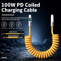 Câble de charge enroulé Type-C PD 100W avec affichage numérique de la puissance, transfert de données 480 Mbps, compatible caméra PVC et iOS, cordon à ressort extensible