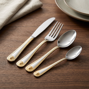 Ensemble de couverts jetables traditionnels de mariage en acier inoxydable doré 4 pièces (couteau, cuillère, fourchette) – Nouveauté en gros - Product Image 3