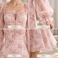 Robe longue OEM pour femme en mousseline de soie à imprimé floral, col carré, avec nœud sur le devant, manches longues bouffantes et poignets à volants, ajustée, pour occasions spéciales