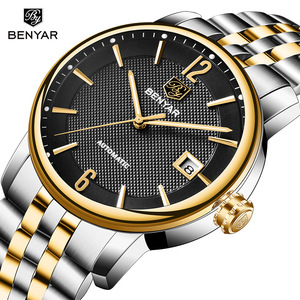 Montre mécanique automatique pour homme Benyar, cadran noir, bracelet en acier inoxydable doré, étanche, affichage de la date, 30 m, montre-bracelet élégante - Product Image 1