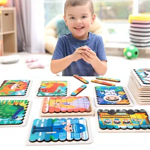 Baby Vroege Educatieve Leerspeelgoed Kids Dubbelzijdige Cartoon Strip Vorm Cartoon Dier Hout Legpuzzel 3d Houten