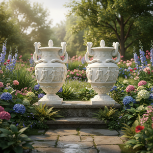 Par de Urnas de Mármol Neoclásicas Grandes, Estatuas de Jardín Talladas a Mano con Relieve Mitológico y Asas de Serpiente - Product Image 6
