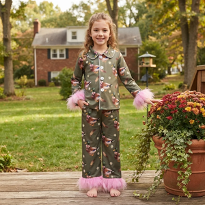 Conjunto de Pijama para Niñas Longlv con Estampado de Patos, Pantalones sin Mangas, Ribete de Plumas Rosadas, Cómodo, Diseño Animal, Ecológico, Spandex/Poliéster - Product Image 6