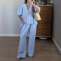 Ensemble Chic Femme en Coton à Manches Bulles et Col en V, Pantalon Large – Tenue Décontractée et Élégante pour l'Été – Vente en Gros