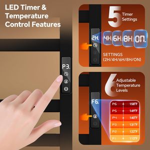 Apordrouca Chauffe-serviettes électrique mural 6 barres avec minuterie et contrôle de température, à brancher directement, design moderne noir - Product Image 1