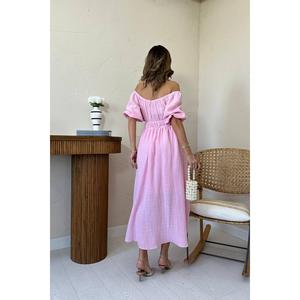 Robe en mousseline de lin rose élégante à col plissé, longueur genou, tailles XS-XXL, design personnalisé, pour le printemps, offre ODM en gros - Product Image 1