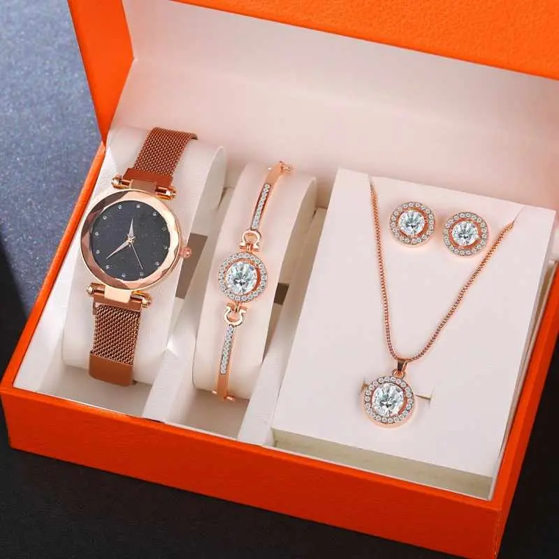 Luxury Women Watches Crystal Bracelet Stud Earring Necklace Set Ladies Watch Casual Quartz Wristwatch Set 