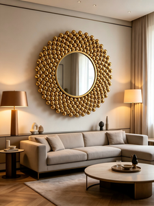 Miroir mural rond de luxe doré perlé, miroir décoratif artisanal à cadre sphérique pour entrée de villa, hôtel, décoration murale - Product Image 4