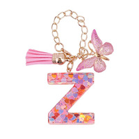 Porte-clés simple en alliage avec pendentif cœur coloré, confettis, papillon et pompon, chaîne dorée, breloque de sac, cadeau pour femme