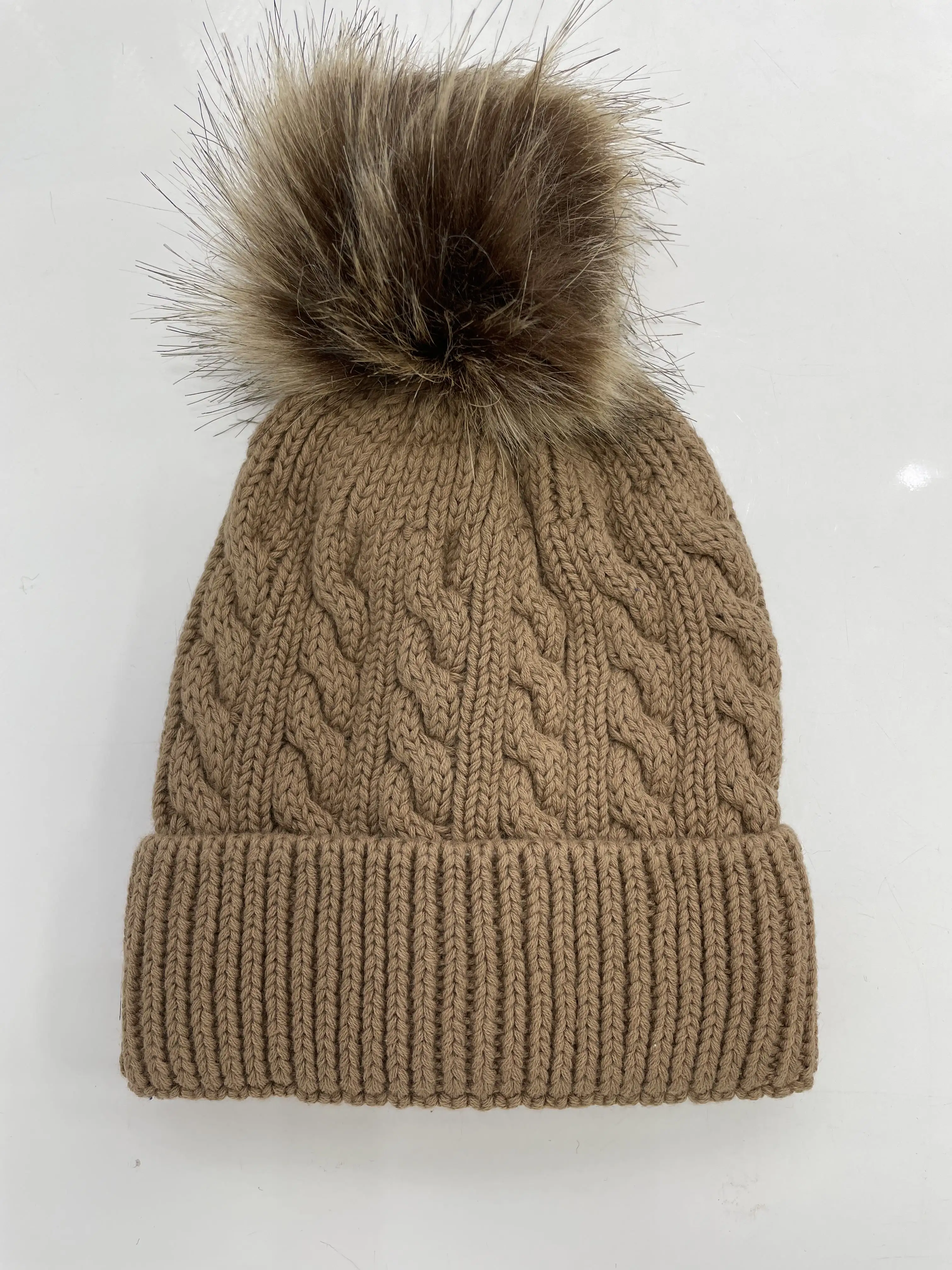 Manufacturer Wholesale High Quality Knitted Plain Kids Beanie Faux Fur Pompom 100% Cotton Winter Hats with Custom Logo