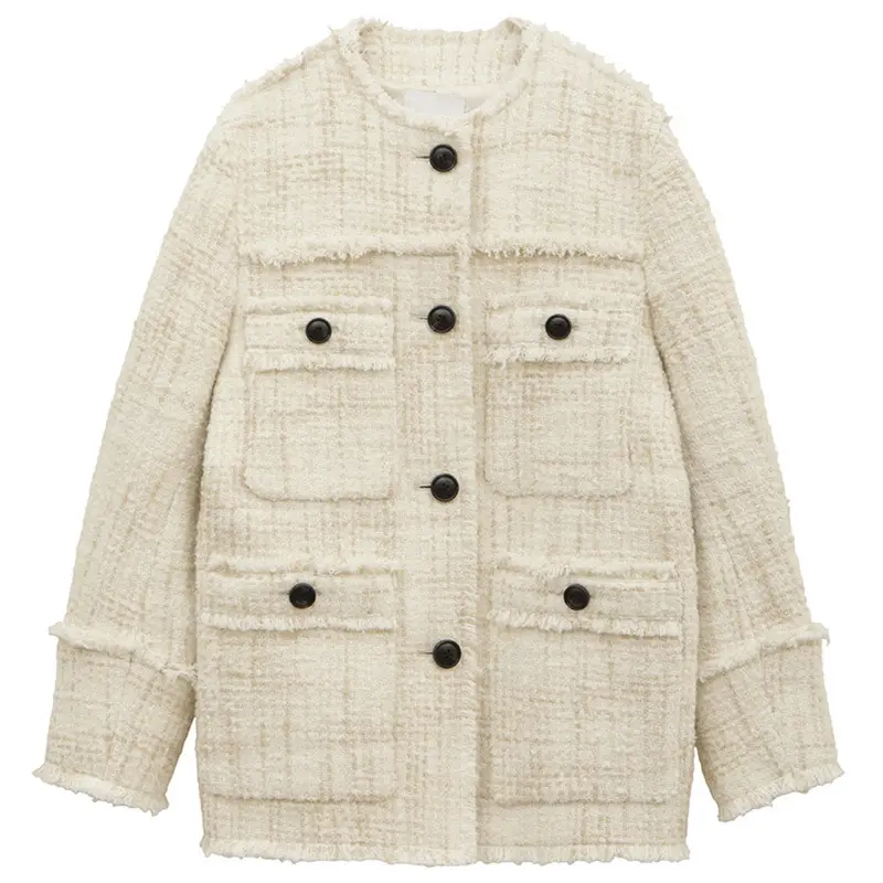 Chaqueta de Tweed corta con cuello redondo para mujer, abrigo elegante de Estilo Vintage para oficina, primavera y otoño, 2023