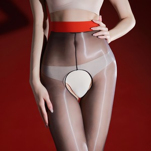Sexy High Waisted Open Crotch Stockings Ultra Thin Glossy Nylon See Through Women's Erotic Lingerie Black Red Trimmed - Product Image 3